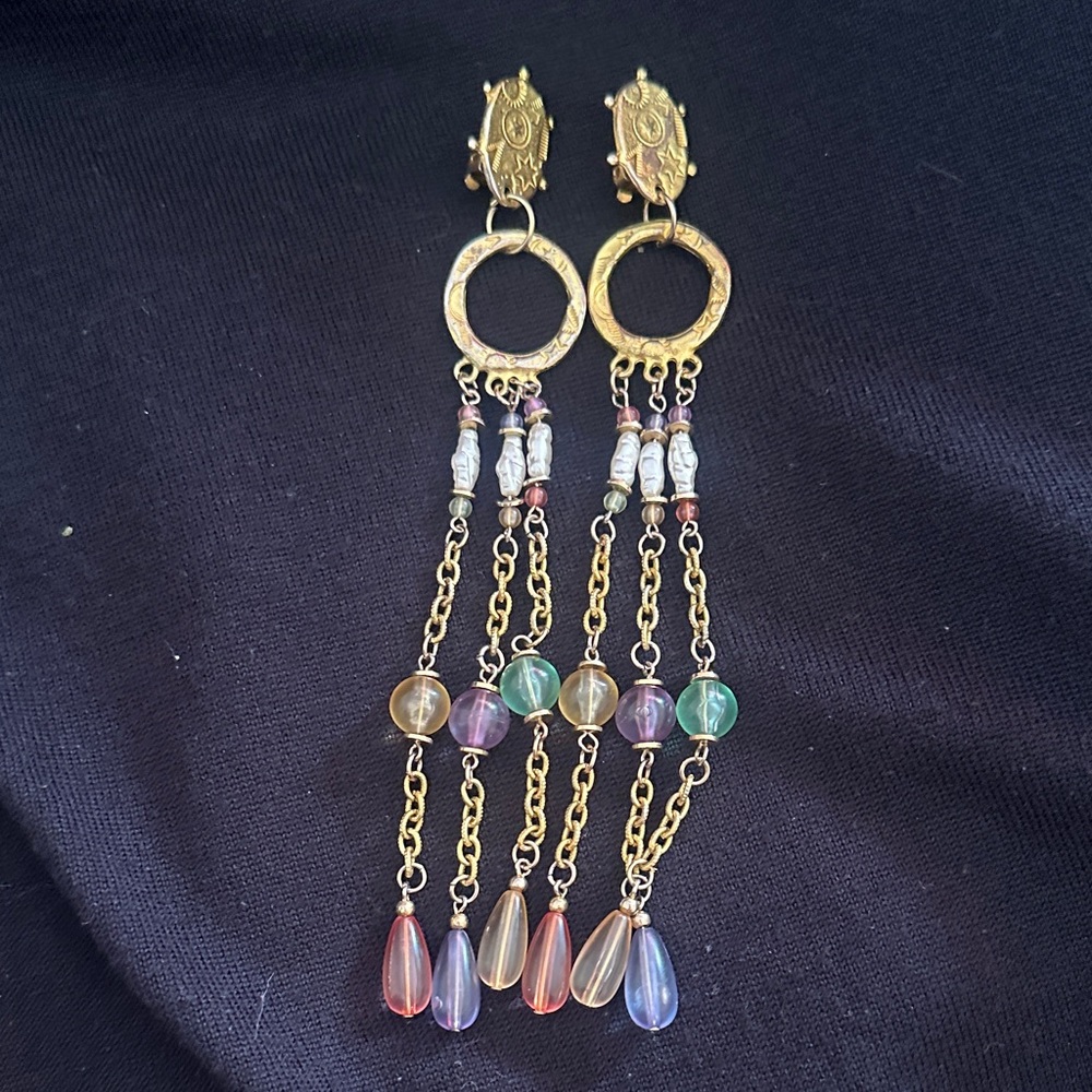 Vintage Elegant Gold and Multicolor Dangle Earrings - Picture 4 of 6